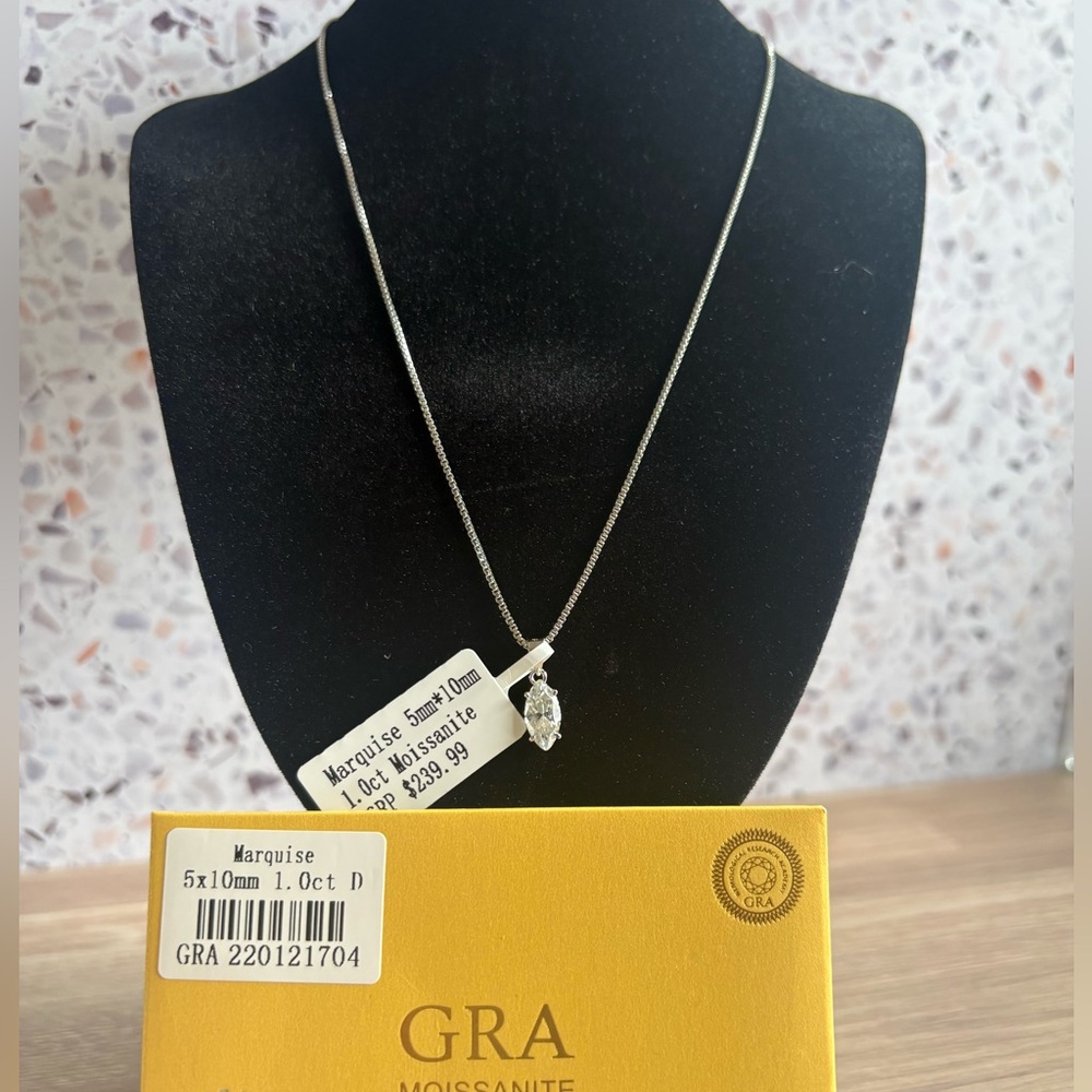Elegant 925 Silver Necklace with Marquise Moissanite Pendant. GRA Certified